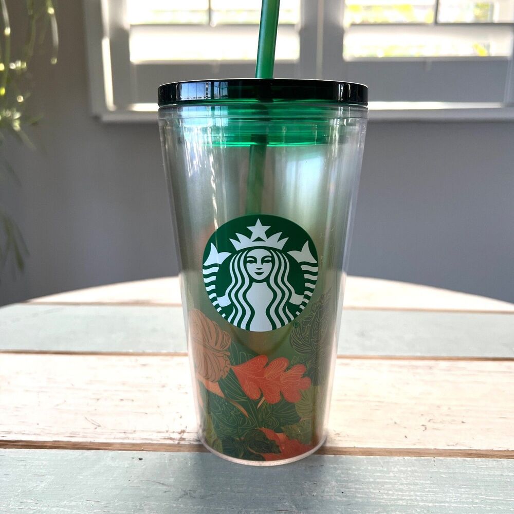 Starbucks Fall Leaves Plastic Tumbler Coffee Cup 16 ounce Foliage Autumn